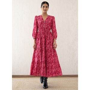 BANJANAN Castor Midi Dress in Winterberry Pink Print Size Medium